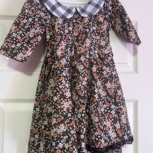 Charming Floral Kids Dress with Checkered Collar